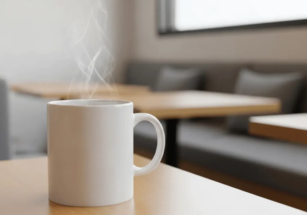 An AI-generated image of a white coffee mug on a café table