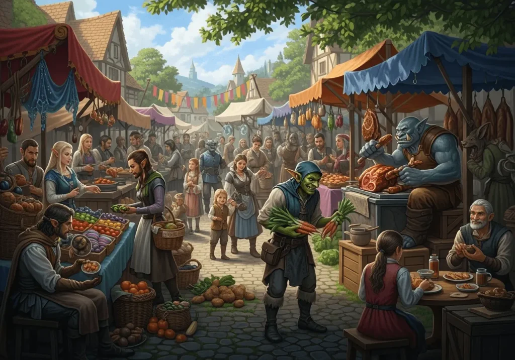 An AI-generated image of a medieval fantasy market with fantasy creatures