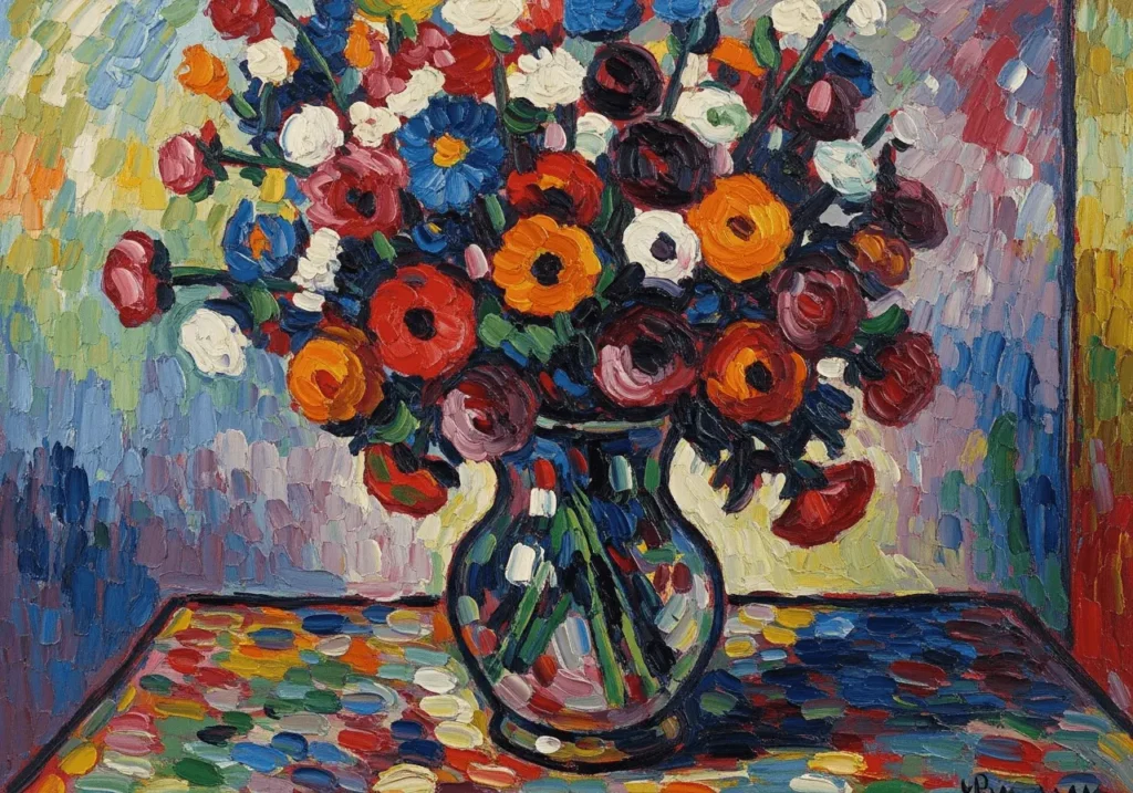 An AI-generated image of a vase of flowers in Fauvist style