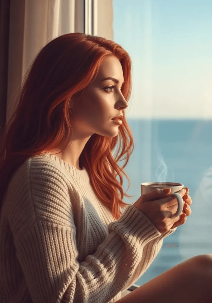 An AI-generated image of a redheaded woman sitting near a window
