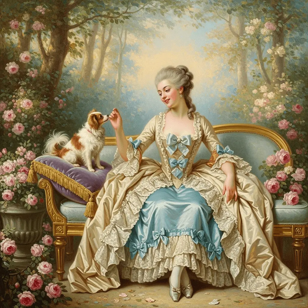 An AI-generated image of a woman and her dog in Rococo style