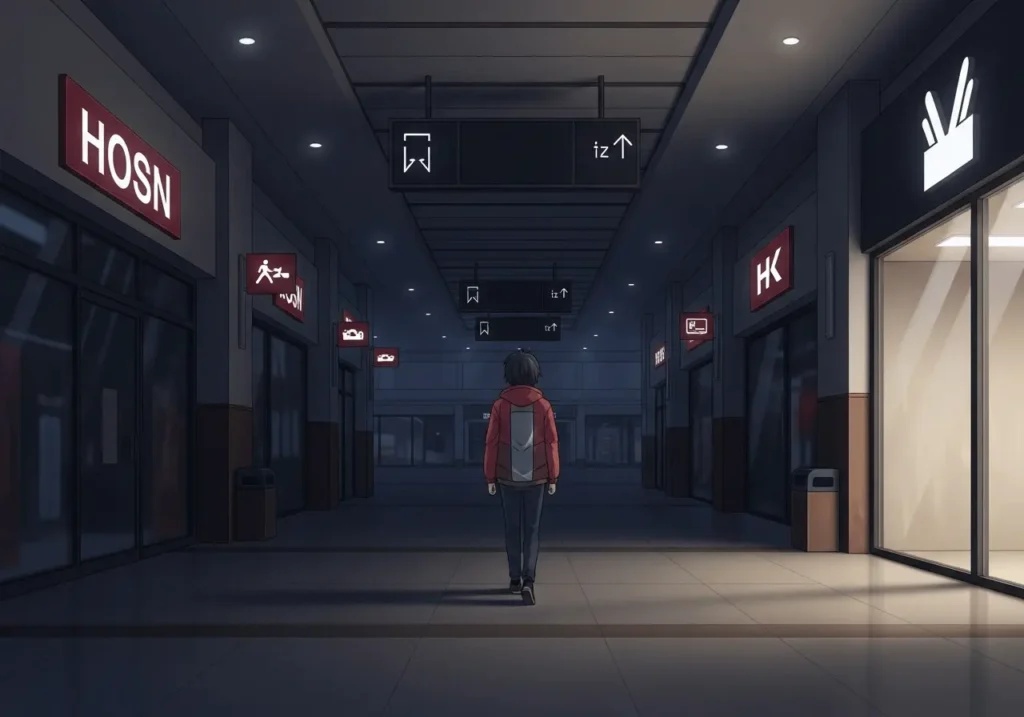 An AI-generated image of a person in a shopping mall at night