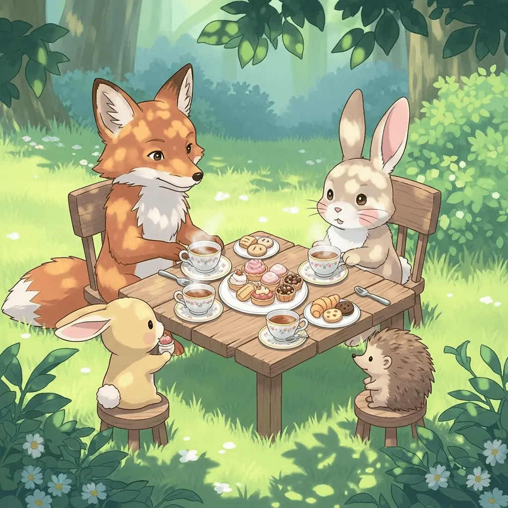 An AI-generated image of animals having a tea party